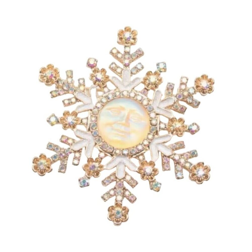 Moon Face Snowflake Brooch Pin With Rhinestones & Iridescent Accents